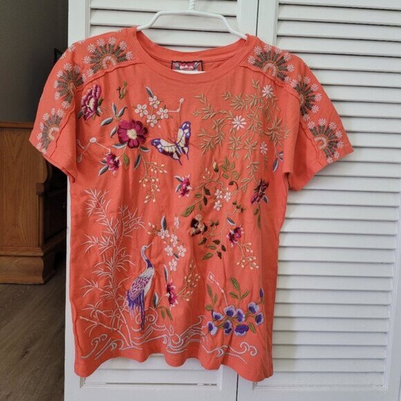 Johnny Was Beautiful Embroidered Orange Tee - Picture 1 of 5